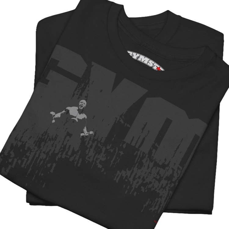 A black Gymstar workout tee with a black graphic that reads 'GYM',  bodybuilder silhouettte and logo, presumably bodybulding or fitness.  Close up view.