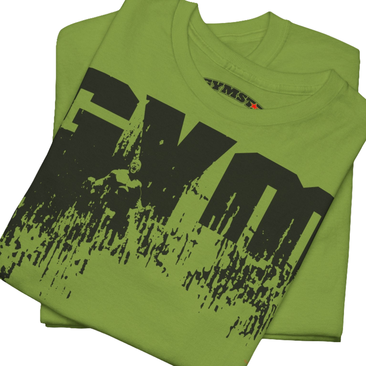 A kiwi Gymstar workout tee with a black graphic that reads 'GYM',  bodybuilder silhouettte and logo, presumably bodybulding or fitness. Close up view.