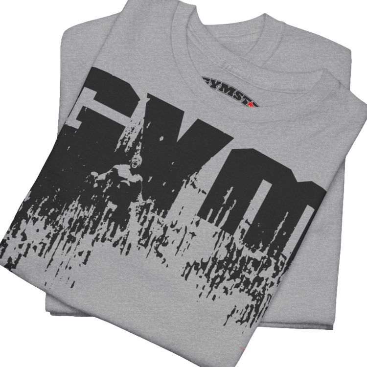 A silver grey Gymstar workout tee with a black graphic that reads 'GYM',  bodybuilder silhouettte and logo, presumably bodybulding or fitness.  Close up view.