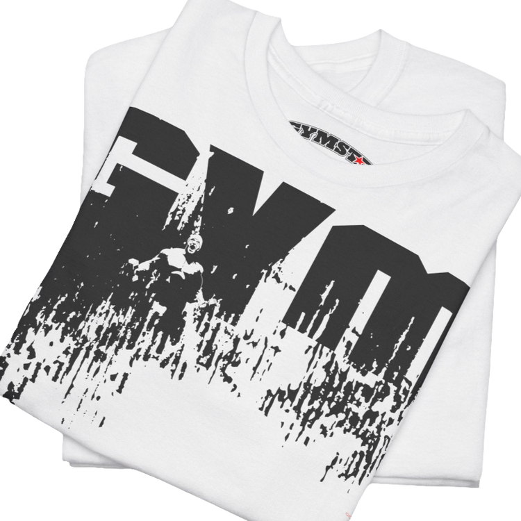 A white Gymstar workout tee with a black graphic that reads 'GYM',  bodybuilder silhouettte and logo, presumably bodybulding or fitness.  Close up view.