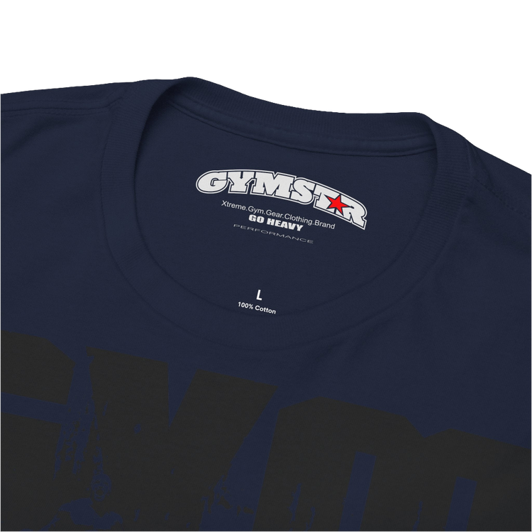 A navy blue Gymstar workout tee with a black graphic that reads 'GYM',  bodybuilder silhouettte and logo, presumably bodybulding or fitness.   Logo Close up view.