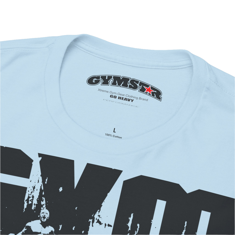 A light blue Gymstar workout tee with a black graphic that reads 'GYM',  bodybuilder silhouettte and logo, presumably bodybulding or fitness.  Logo Close up view.