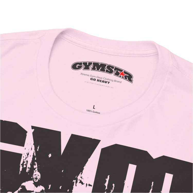 A pink Gymstar workout tee with a black graphic that reads 'GYM',  bodybuilder silhouettte and logo, presumably bodybulding or fitness.  Logo Close up view.