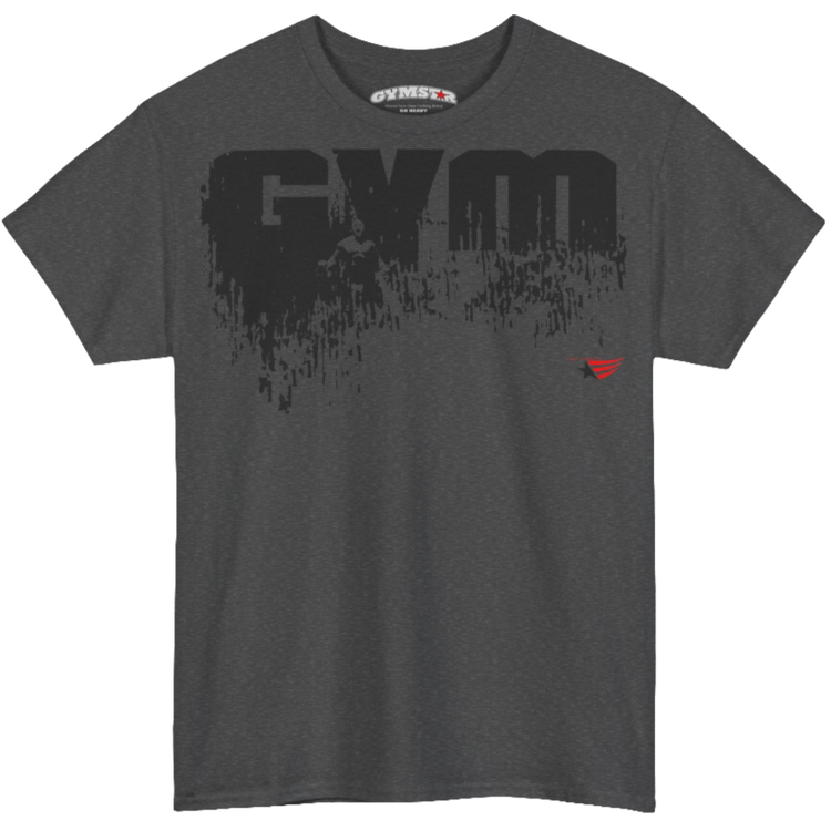 A grey Gymstar workout tee with a black graphic that reads 'GYM',  bodybuilder silhouettte and logo, presumably bodybulding or fitness.  Front Close up view.