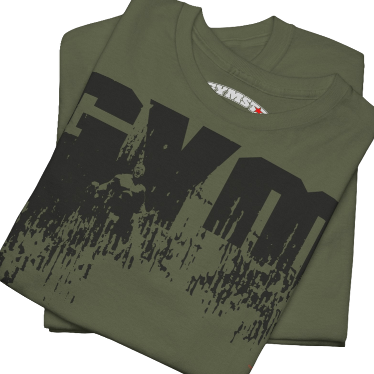 A military green Gymstar workout tee with a black graphic that reads 'GYM',  bodybuilder silhouettte and logo, presumably bodybulding or fitness.  Close up view.