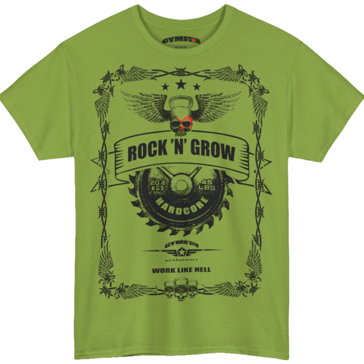 A kiwi Gymstar workout tee with a black graphic that reads 'Rock And Grow', barbell and logo, presumably bodybulding or fitness.