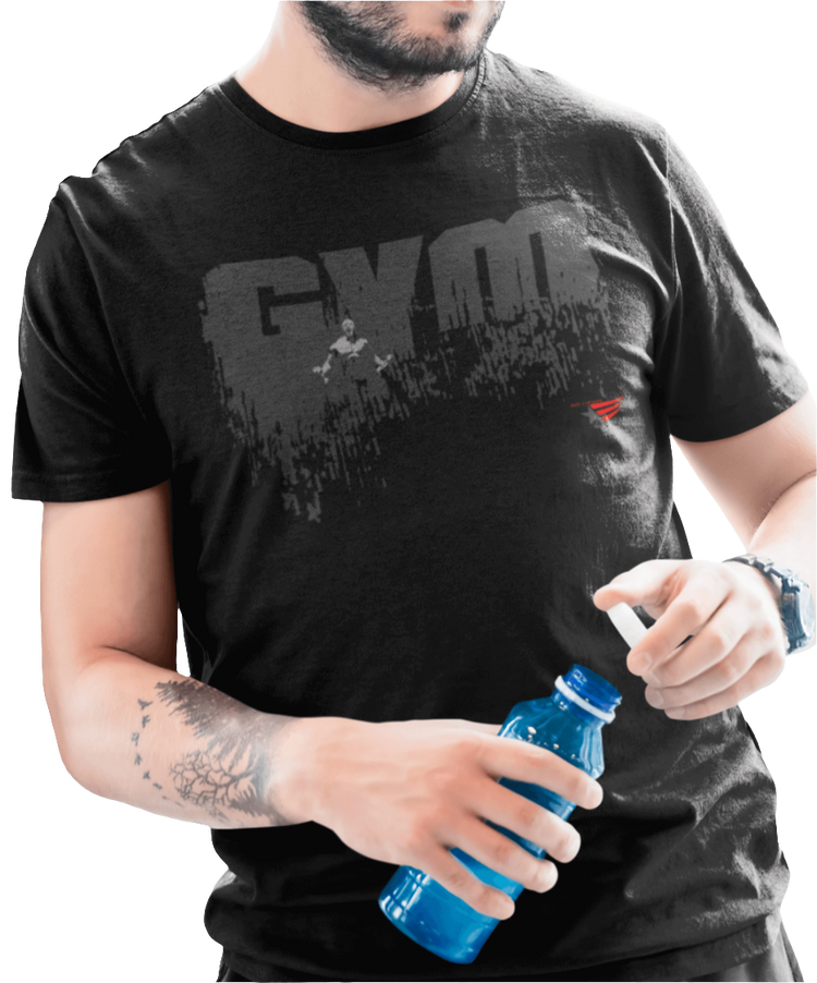 A man wwering black Gymstar workout tee with a black graphic that reads 'GYM',  bodybuilder silhouettte and logo, presumably bodybulding or fitness.