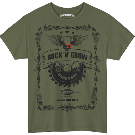 A military green Gymstar workout tee with a black graphic that reads 'Rock And Grow',  barbell and logo, presumably bodybulding or fitness.