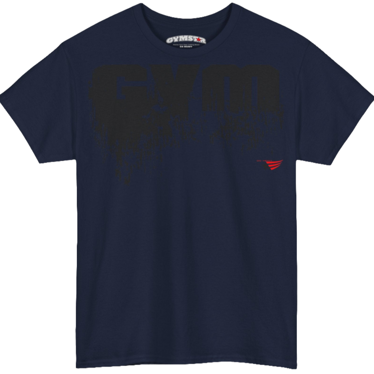 A navy blue Gymstar workout tee with a black graphic that reads 'GYM',  bodybuilder silhouettte and logo, presumably bodybulding or fitness.  Front view.