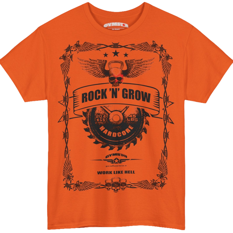 A orange Gymstar tee with a black graphic that reads 'Rock And Grow', barbell and logo, presumably bodybulding or fitness.