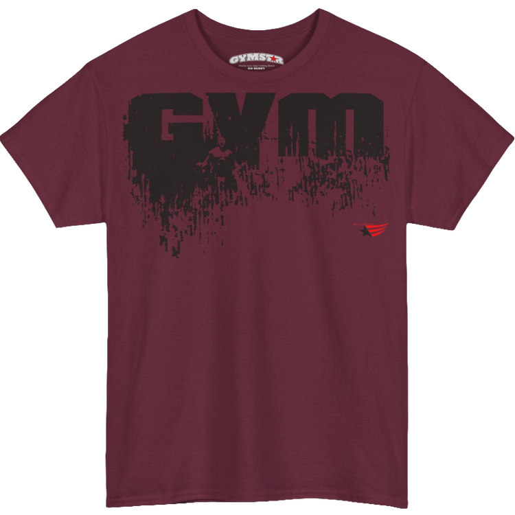 A ruby Gymstar workout tee with a black graphic that reads 'GYM',  bodybuilder silhouettte and logo, presumably bodybulding or fitness.  front view.