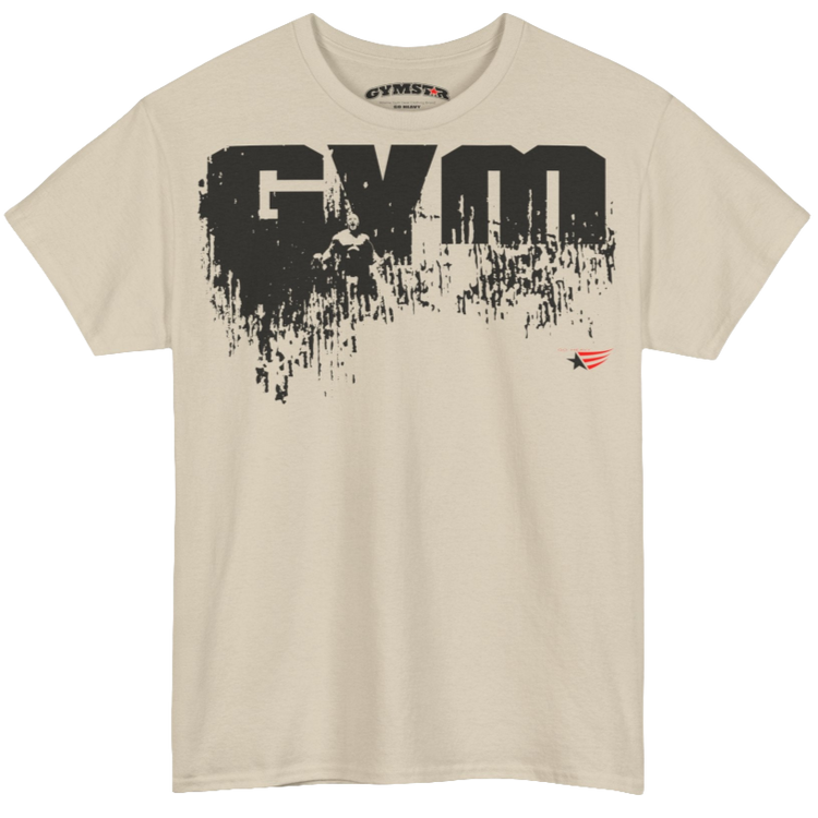 A beige Gymstar workout tee with a black graphic that reads 'GYM',  bodybuilder silhouettte and logo, presumably bodybulding or fitness.  Front view.