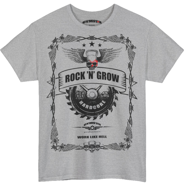 A silver grey Gymstar workout tee with a black graphic that reads 'Rock And Grow', barbell and logo, presumably bodybulding or fitness.