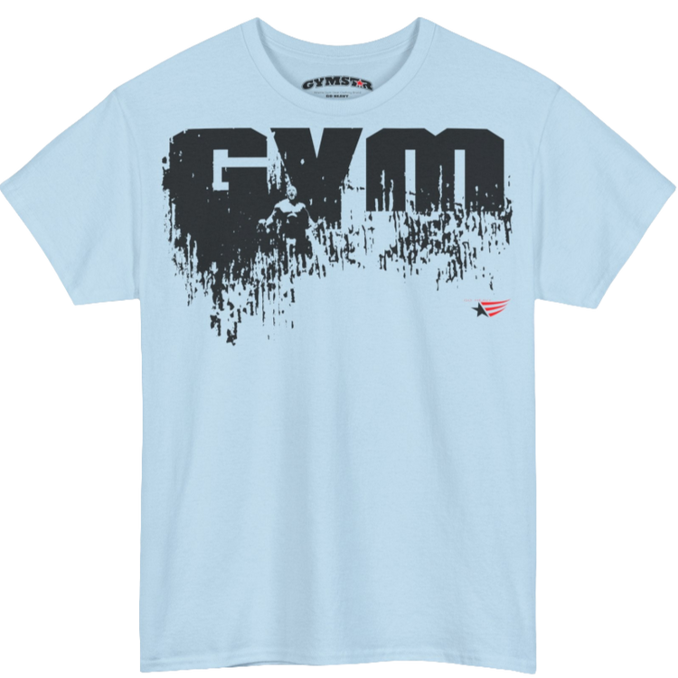 A light blue Gymstar workout tee with a black graphic that reads 'GYM',  bodybuilder silhouettte and logo, presumably bodybulding or fitness.  Front view.