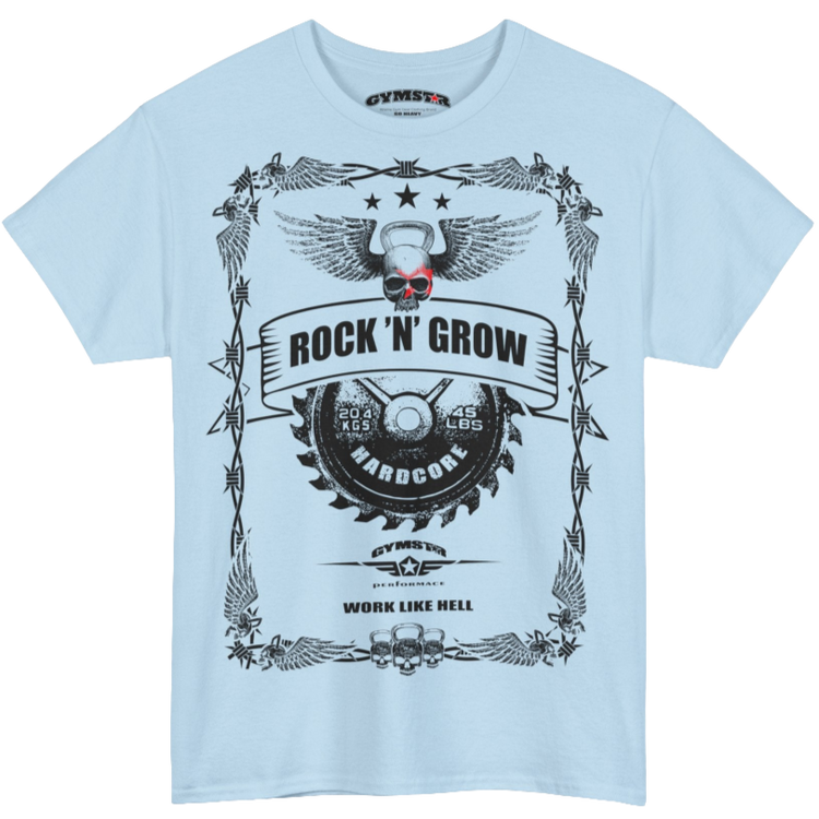 A light blue Gymstar tee with a black graphic that reads 'Rock And Grow', barbell and logo, presumably bodybulding or fitness.
