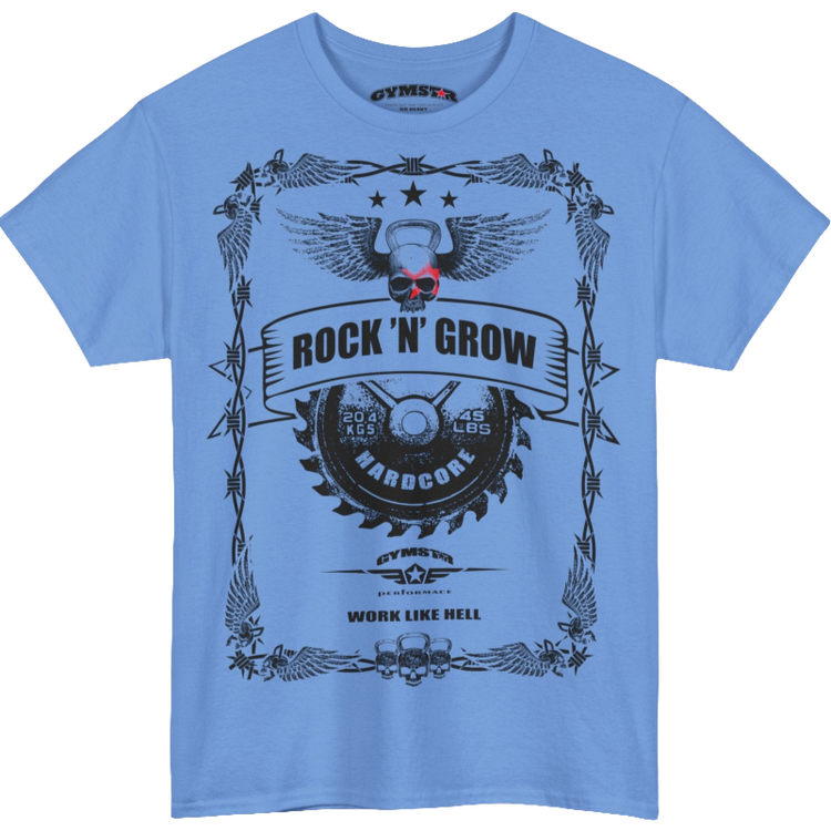 A Carolina blue Gymstar tee with a black graphic that reads 'Rock And Grow', barbell and logo, presumably bodybulding or fitness.
