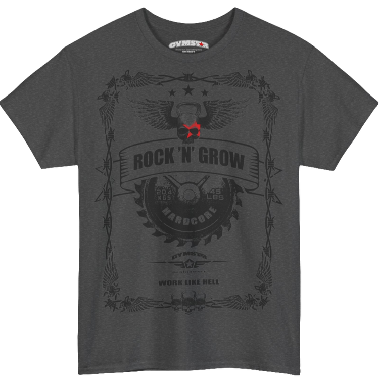 A grey Gymstar tee with a black graphic that reads 'Rock And Grow', barbell and logo, presumably bodybulding or fitness.