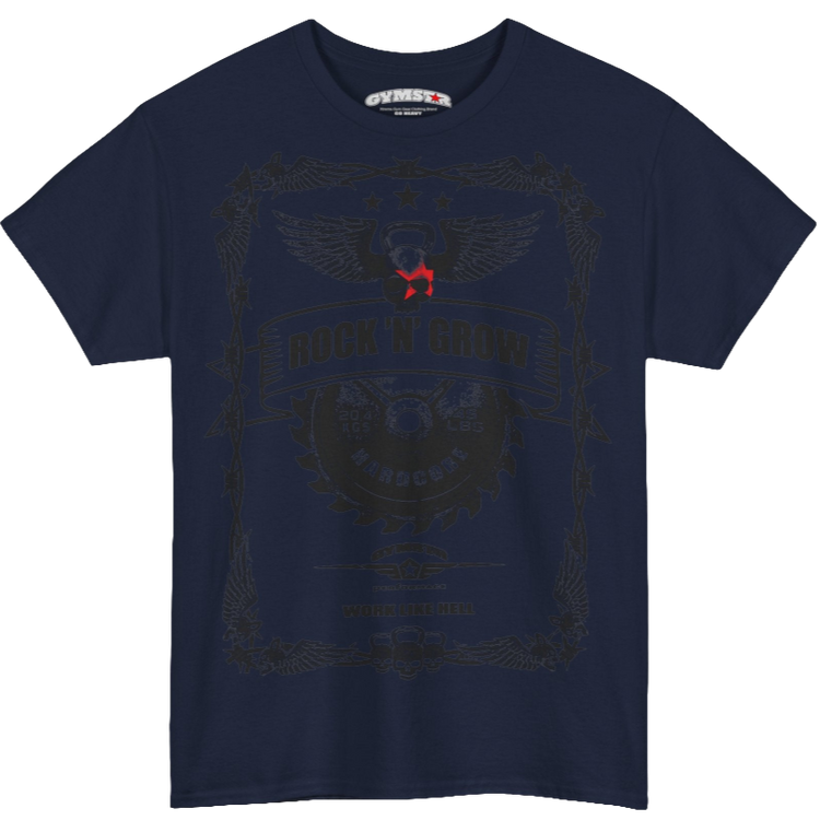 A navy blue Gymstar tee with a black graphic that reads 'Rock And Grow', barbell and logo, presumably bodybulding or fitness.