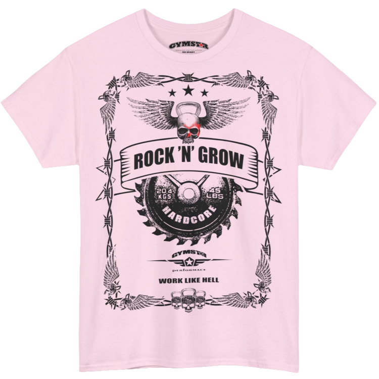 A pink Gymstar tee with a black graphic that reads ''Rock And Grow'', barbell and logo, presumably bodybulding or fitness.