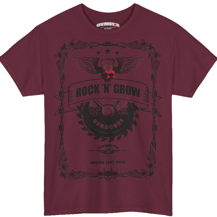 A rubin Gymstar tee with a black graphic that reads 'Rock And Grow', barbell and logo, presumably bodybulding or fitness.
