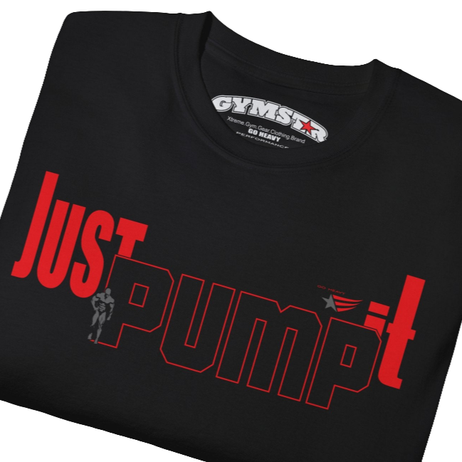 Black fitness t-shirt from Gymstar, designed for serious lifters. The chest is adorned with a large, bright red print that includes the "Just Pump it" text and a bodybuilder silhouette, emphasizing the theme of bodybuilding and muscle building. It's the perfect t-shirt for motivation in the gym. Close up view.