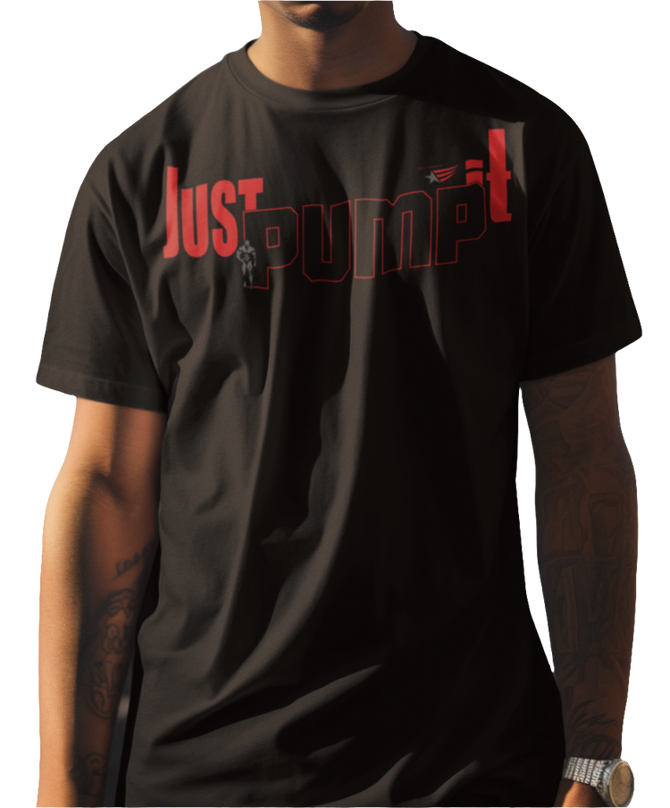 A person wearing a black graphic t-shirt with the text 'JUST PUMP' in red and white on the front.