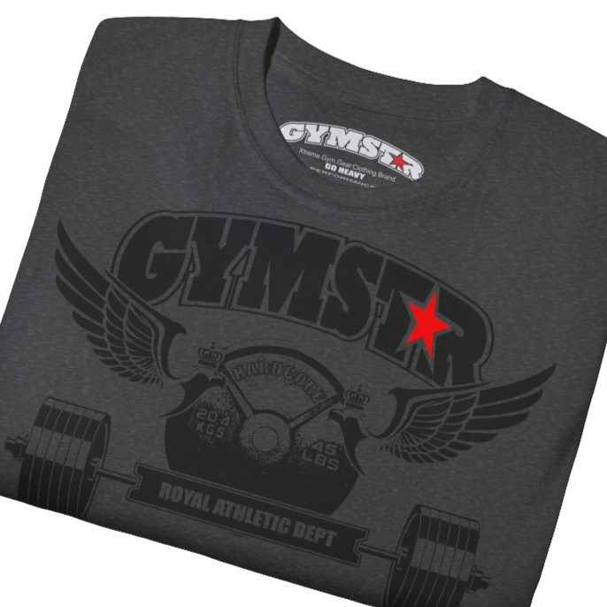 A  grey sports t-shirt from Gymstar, designed for athletes. The chest features a detailed print combining elements like a barbell, spread wings, a subtle red star, and "GYMSTAR" and "ROYAL ATHLETIC DEPT" text. The design is strong and motivational, perfect for heavy workouts. Close up view.