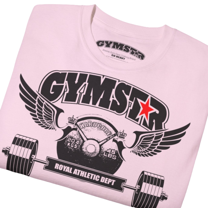A  pink sports t-shirt from Gymstar, designed for athletes. The chest features a detailed print combining elements like a barbell, spread wings, a subtle red star, and "GYMSTAR" and "ROYAL ATHLETIC DEPT" text. The design is strong and motivational, perfect for heavy workouts. Close up view.
