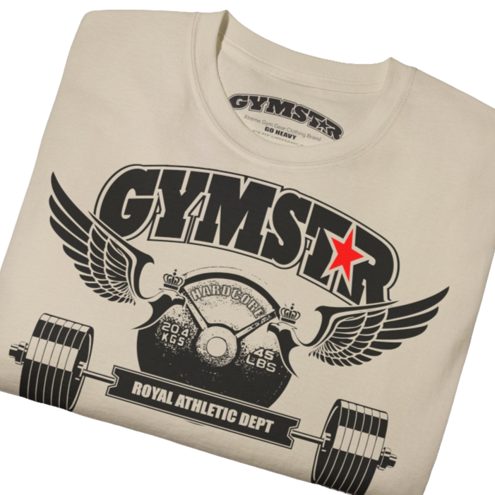 A  beige sports t-shirt from Gymstar, designed for athletes. The chest features a detailed print combining elements like a barbell, spread wings, a subtle red star, and "GYMSTAR" and "ROYAL ATHLETIC DEPT" text. The design is strong and motivational, perfect for heavy workouts. Close up view.