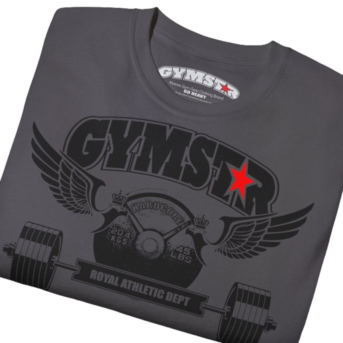 A  sport grey sports t-shirt from Gymstar, designed for athletes. The chest features a detailed print combining elements like a barbell, spread wings, a subtle red star, and "GYMSTAR" and "ROYAL ATHLETIC DEPT" text. The design is strong and motivational, perfect for heavy workouts. Close up view.