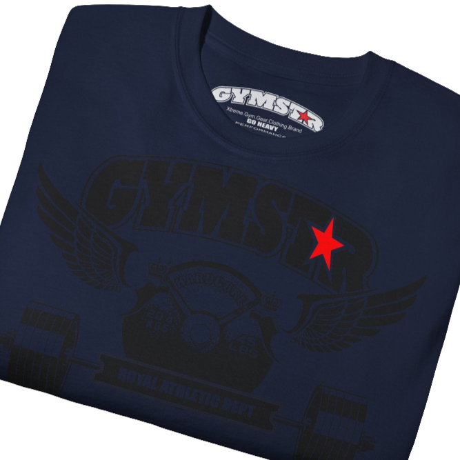 A  navy blue sports t-shirt from Gymstar, designed for athletes. The chest features a detailed print combining elements like a barbell, spread wings, a subtle red star, and "GYMSTAR" and "ROYAL ATHLETIC DEPT" text. The design is strong and motivational, perfect for heavy workouts. Close up view.