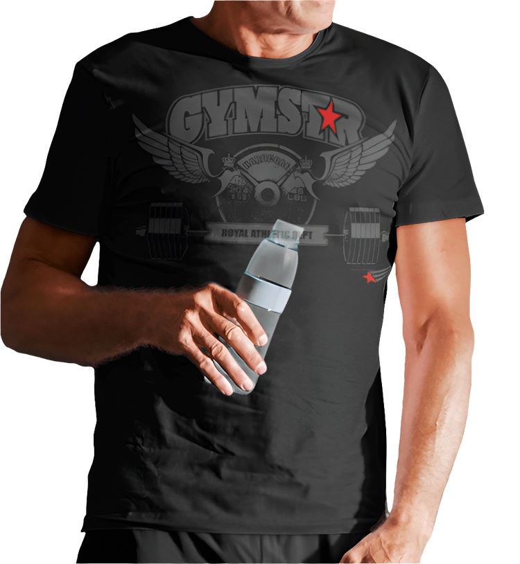 A  man wearing black sports t-shirt from Gymstar, designed for athletes. The chest features a detailed print combining elements like a barbell, spread wings, a subtle red star, and "GYMSTAR" and "ROYAL ATHLETIC DEPT" text. The design is strong and motivational, perfect for heavy workouts.