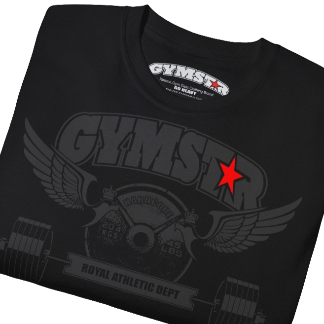 A  black sports t-shirt from Gymstar, designed for athletes. The chest features a detailed print combining elements like a barbell, spread wings, a subtle red star, and "GYMSTAR" and "ROYAL ATHLETIC DEPT" text. The design is strong and motivational, perfect for heavy workouts. Close up view.