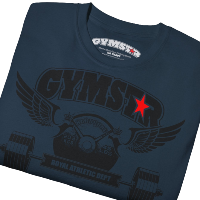 A  navy blue sports t-shirt from Gymstar, designed for athletes. The chest features a detailed print combining elements like a barbell, spread wings, a subtle red star, and "GYMSTAR" and "ROYAL ATHLETIC DEPT" text. The design is strong and motivational, perfect for heavy workouts. Close up view.