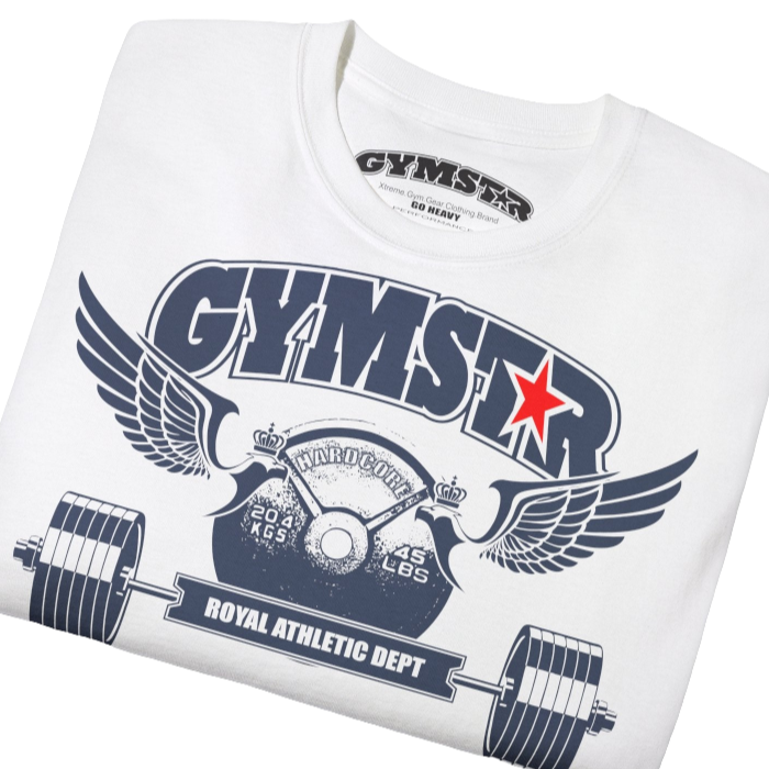 A  white sports t-shirt from Gymstar, designed for athletes. The chest features a detailed print combining elements like a barbell, spread wings, a subtle red star, and "GYMSTAR" and "ROYAL ATHLETIC DEPT" text. The design is strong and motivational, perfect for heavy workouts. Close up view.