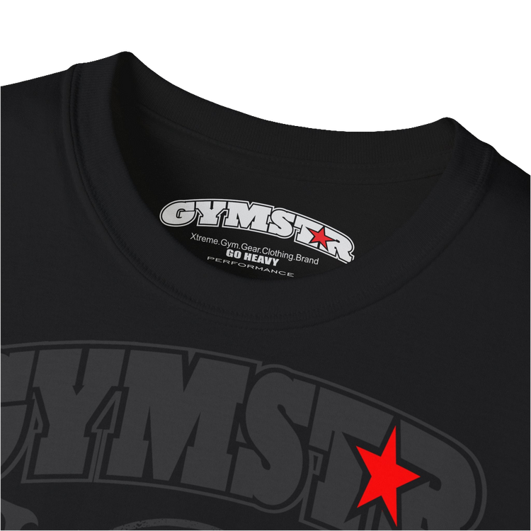 A  black sports t-shirt from Gymstar, designed for athletes. The chest features a detailed print combining elements like a barbell, spread wings, a subtle red star, and "GYMSTAR" and "ROYAL ATHLETIC DEPT" text. The design is strong and motivational, perfect for heavy workouts. Close up LOGO view.