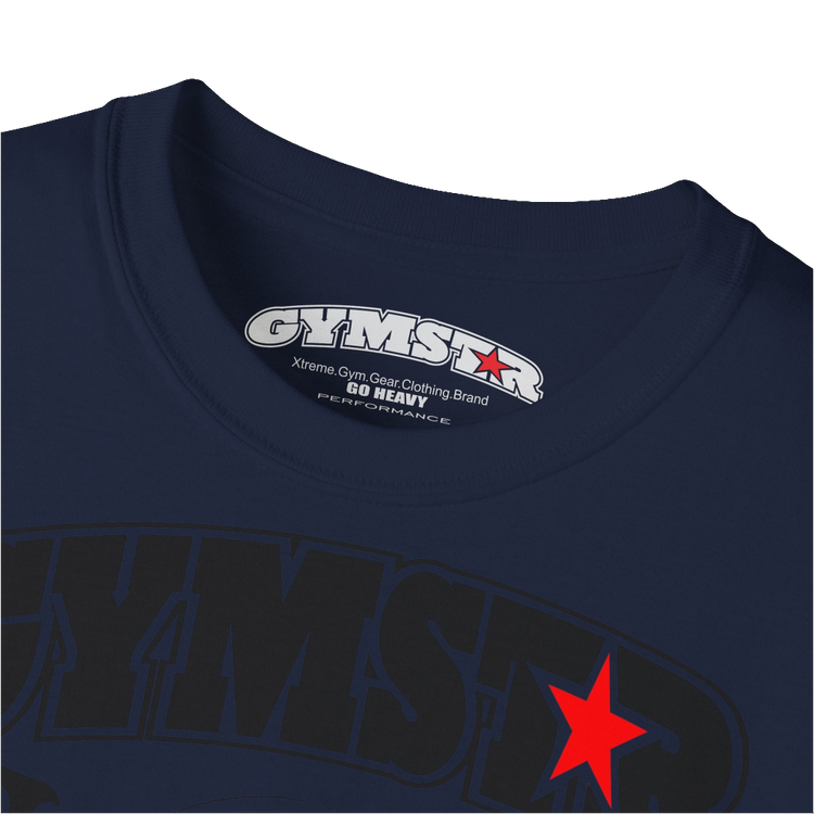 A  navy blue sports t-shirt from Gymstar, designed for athletes. The chest features a detailed print combining elements like a barbell, spread wings, a subtle red star, and "GYMSTAR" and "ROYAL ATHLETIC DEPT" text. The design is strong and motivational, perfect for heavy workouts. Close up LOGO view.
