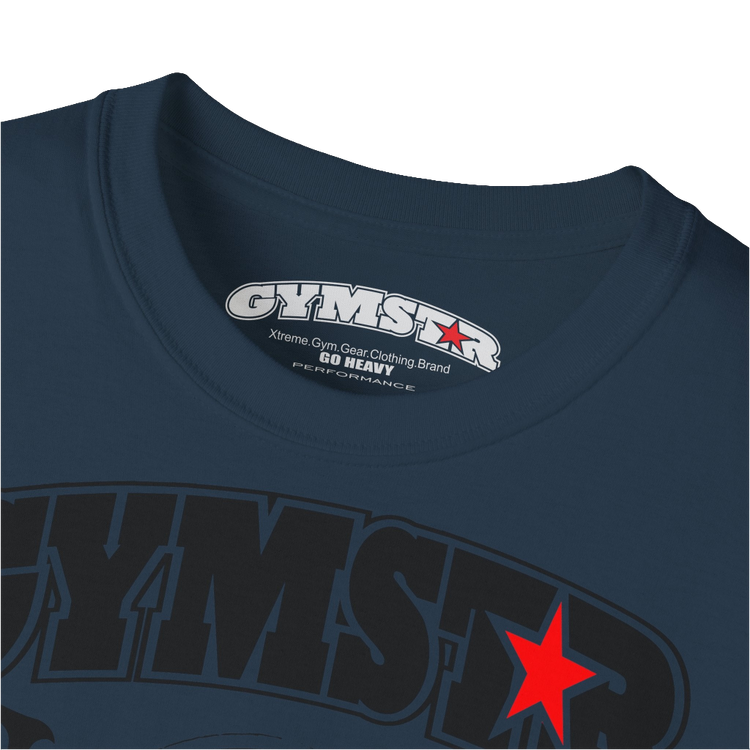 A  deep navy sports t-shirt from Gymstar, designed for athletes. The chest features a detailed print combining elements like a barbell, spread wings, a subtle red star, and "GYMSTAR" and "ROYAL ATHLETIC DEPT" text. The design is strong and motivational, perfect for heavy workouts. Close up LOGO view.