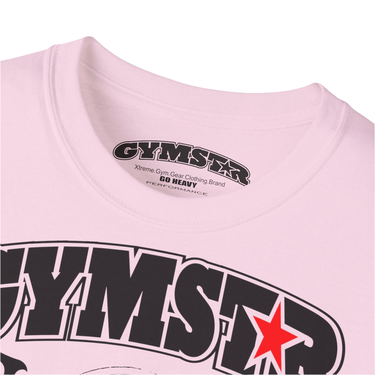 A  pink sports t-shirt from Gymstar, designed for athletes. The chest features a detailed print combining elements like a barbell, spread wings, a subtle red star, and "GYMSTAR" and "ROYAL ATHLETIC DEPT" text. The design is strong and motivational, perfect for heavy workouts. Close up LOGO view.