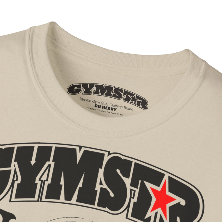 A  beige sports t-shirt from Gymstar, designed for athletes. The chest features a detailed print combining elements like a barbell, spread wings, a subtle red star, and "GYMSTAR" and "ROYAL ATHLETIC DEPT" text. The design is strong and motivational, perfect for heavy workouts. Close up LOGO view.