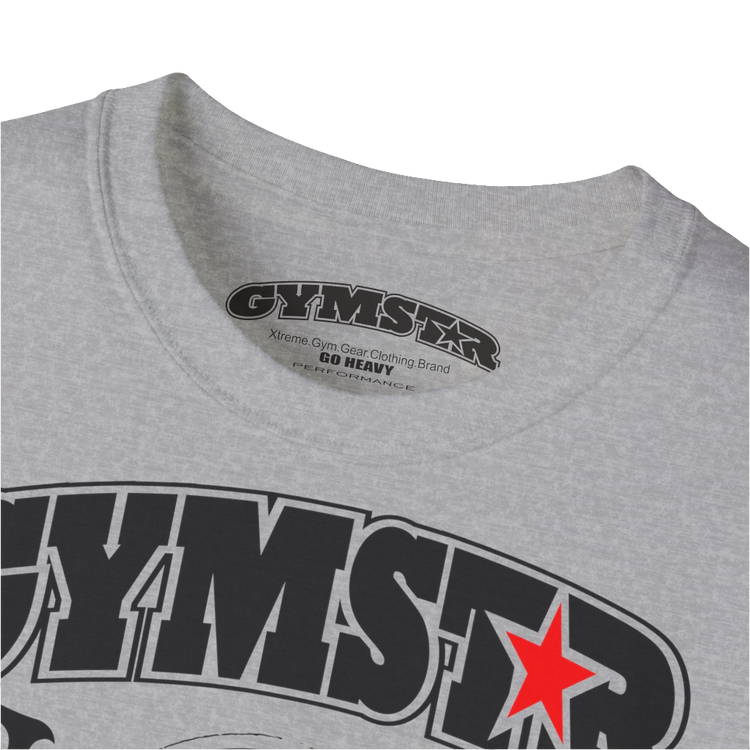 A  silver grey sports t-shirt from Gymstar, designed for athletes. The chest features a detailed print combining elements like a barbell, spread wings, a subtle red star, and "GYMSTAR" and "ROYAL ATHLETIC DEPT" text. The design is strong and motivational, perfect for heavy workouts. Close up LOGO view.