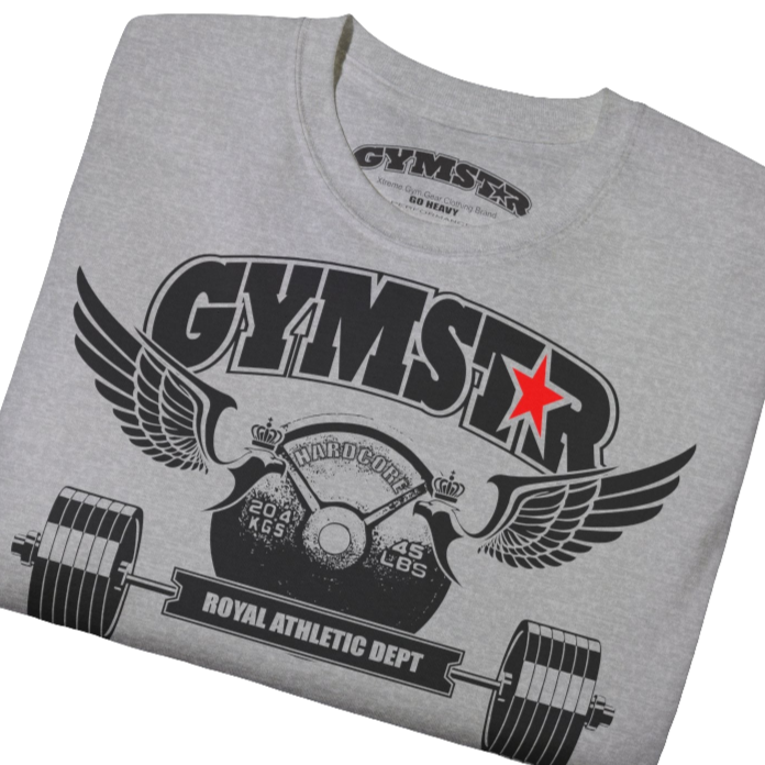A  silver grey sports t-shirt from Gymstar, designed for athletes. The chest features a detailed print combining elements like a barbell, spread wings, a subtle red star, and "GYMSTAR" and "ROYAL ATHLETIC DEPT" text. The design is strong and motivational, perfect for heavy workouts. Close up view.