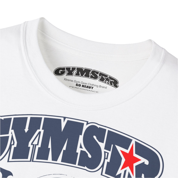 A  white sports t-shirt from Gymstar, designed for athletes. The chest features a detailed print combining elements like a barbell, spread wings, a subtle red star, and "GYMSTAR" and "ROYAL ATHLETIC DEPT" text. The design is strong and motivational, perfect for heavy workouts. Close up LOGO view.