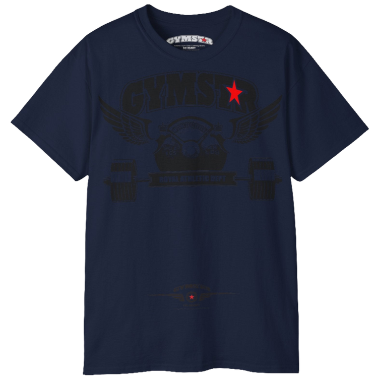 A  navy blue sports t-shirt from Gymstar, designed for athletes. The chest features a detailed print combining elements like a barbell, spread wings, a subtle red star, and "GYMSTAR" and "ROYAL ATHLETIC DEPT" text. The design is strong and motivational, perfect for heavy workouts.