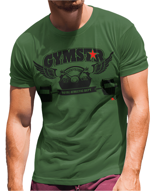 A  man wearing green, sports t-shirt from Gymstar, designed for athletes. The chest features a detailed print combining elements like a barbell, spread wings, a subtle red star, and "GYMSTAR" and "ROYAL ATHLETIC DEPT" text. The design is strong and motivational, perfect for heavy workouts.