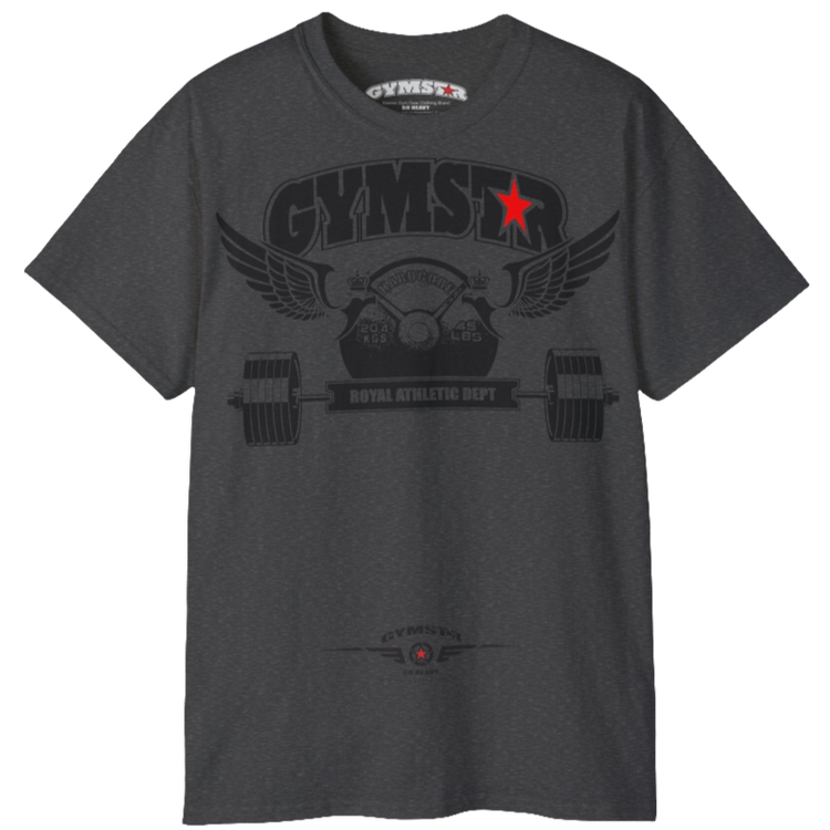 A  grey blue sports t-shirt from Gymstar, designed for athletes. The chest features a detailed print combining elements like a barbell, spread wings, a subtle red star, and "GYMSTAR" and "ROYAL ATHLETIC DEPT" text. The design is strong and motivational, perfect for heavy workouts.