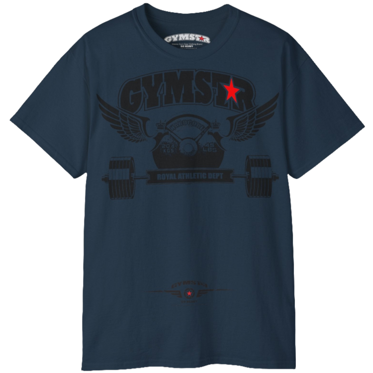 Deep navy sports t-shirt from Gymstar, designed for athletes. The chest features a detailed print combining elements like a barbell, spread wings, a subtle red star, and "GYMSTAR" and "ROYAL ATHLETIC DEPT" text. The design is strong and motivational, perfect for heavy workouts.