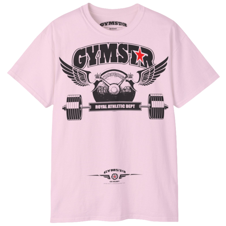 A pink sports t-shirt from Gymstar, designed for athletes. The chest features a detailed print combining elements like a barbell, spread wings, a subtle red star, and "GYMSTAR" and "ROYAL ATHLETIC DEPT" text. The design is strong and motivational, perfect for heavy workouts.