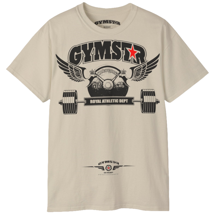 A beige sports t-shirt from Gymstar, designed for athletes. The chest features a detailed print combining elements like a barbell, spread wings, a subtle red star, and "GYMSTAR" and "ROYAL ATHLETIC DEPT" text. The design is strong and motivational, perfect for heavy workouts.