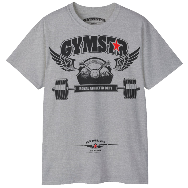 A silver grey sports t-shirt from Gymstar, designed for athletes. The chest features a detailed print combining elements like a barbell, spread wings, a subtle red star, and "GYMSTAR" and "ROYAL ATHLETIC DEPT" text. The design is strong and motivational, perfect for heavy workouts.